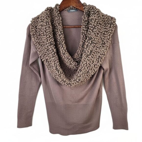 NWT Neiman Marcus Brown Taupe Cowl Neck Pom-Pom Long Sleeved Sweater Sz S - Picture 3 of 9